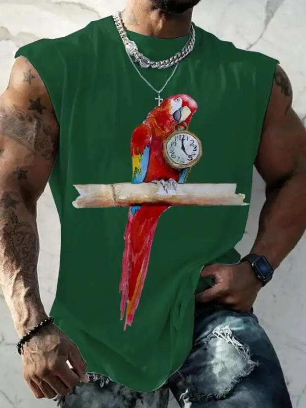 Men's 5 O'clock Parrot Print Round Neck Tank Top