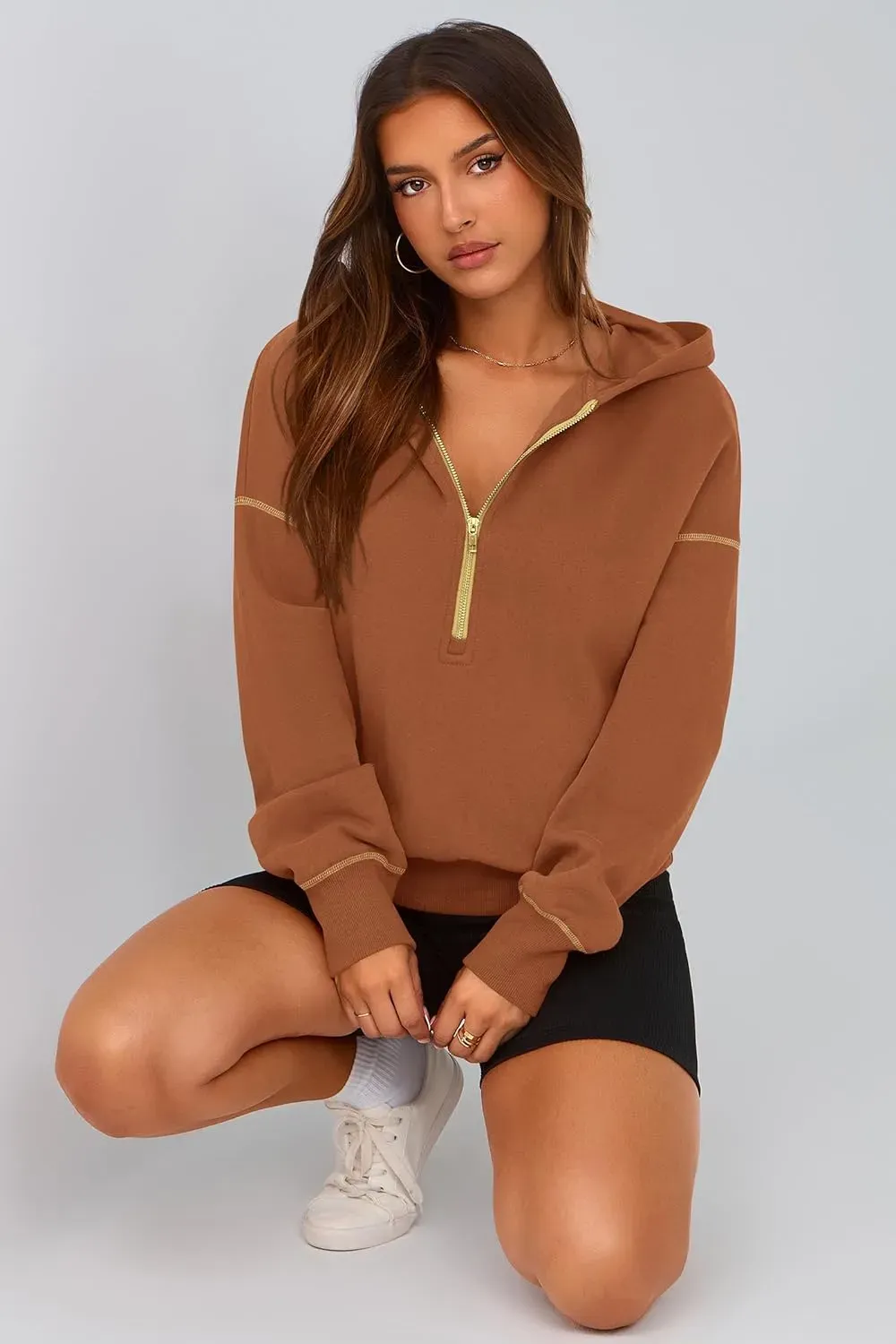 Women's Hooded Sweatshirts Long Sleeve Half Zip Cropped Hoodie Pullover Winter Fashion Clothes