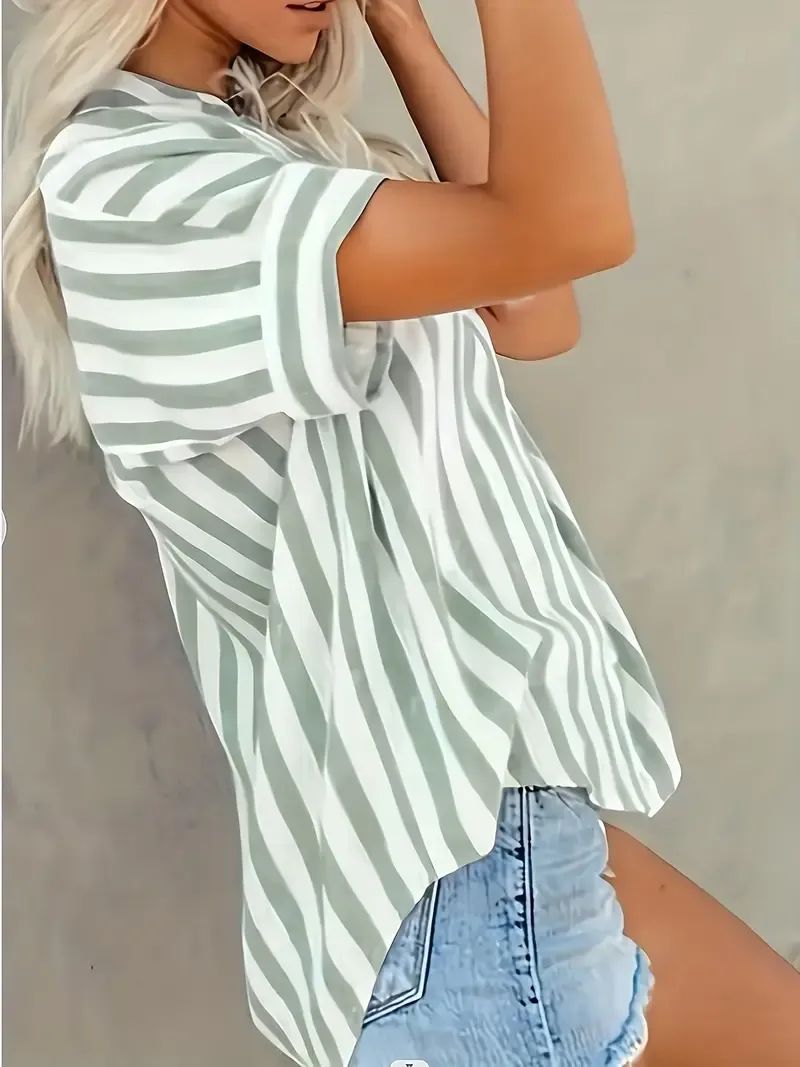 Stripe Print Button Front Blouse - Casual Short Batwing Sleeve Top For Spring & Summer - Women's Clothing - Soft & Breathable Fabric - Perfect for Casual Outings & Everyday Wear - Ideal Gift for Women