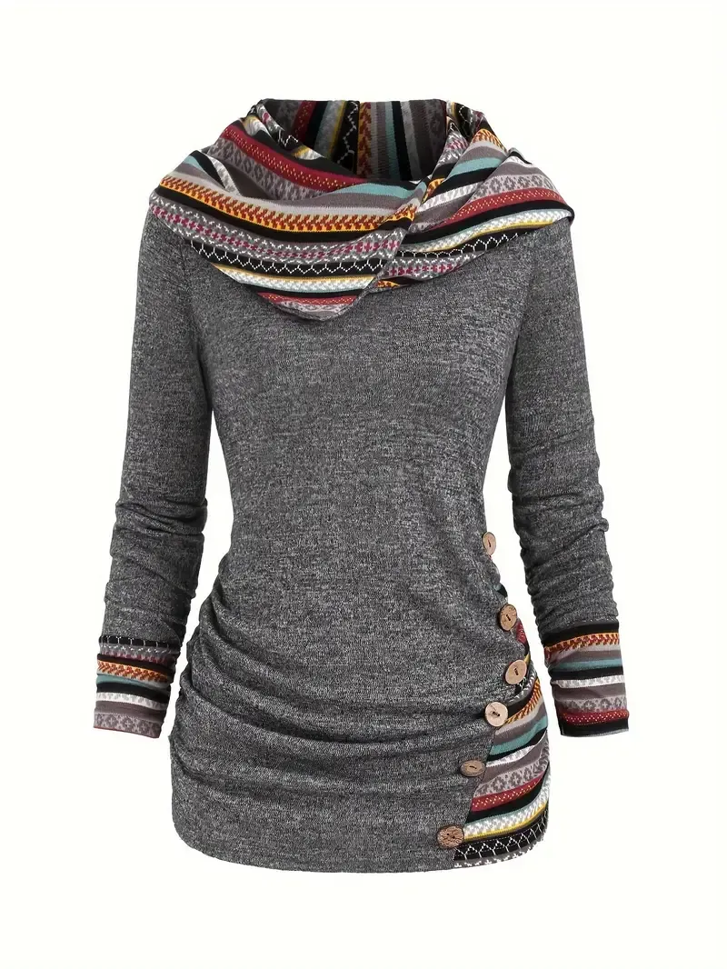 Stripe Splicing Button Decor Hoodie, Casual Long Sleeve Hoodie