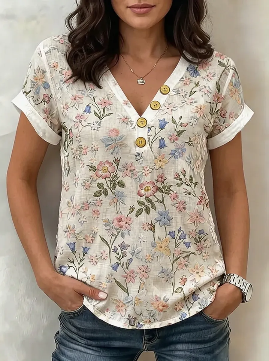 Women's Nashville Floral Botanical Printed V-Neck Button Top