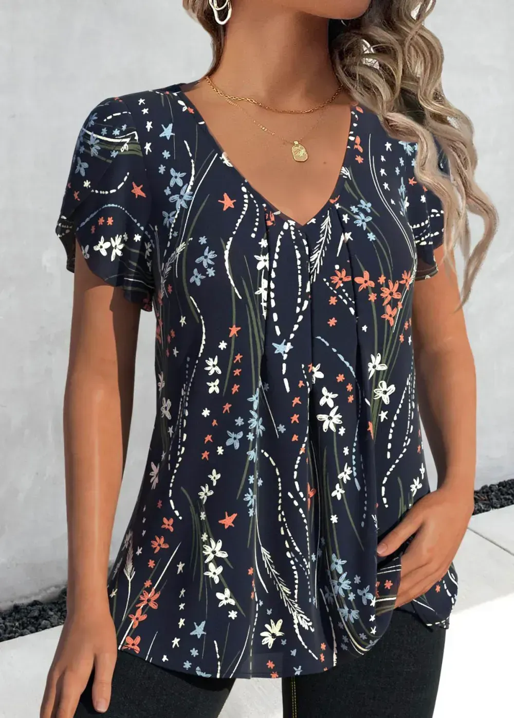Navy Floral Print Short Sleeve V Neck T Shirt