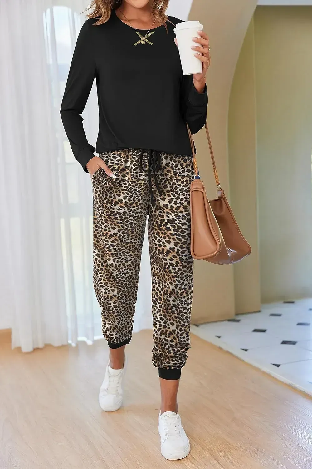 Women's Pajamas Sets Long Sleeve with Plaid Pants Soft Sleepwear O Neck 2 Piece Pjs Joggers Loung Set with Pockets