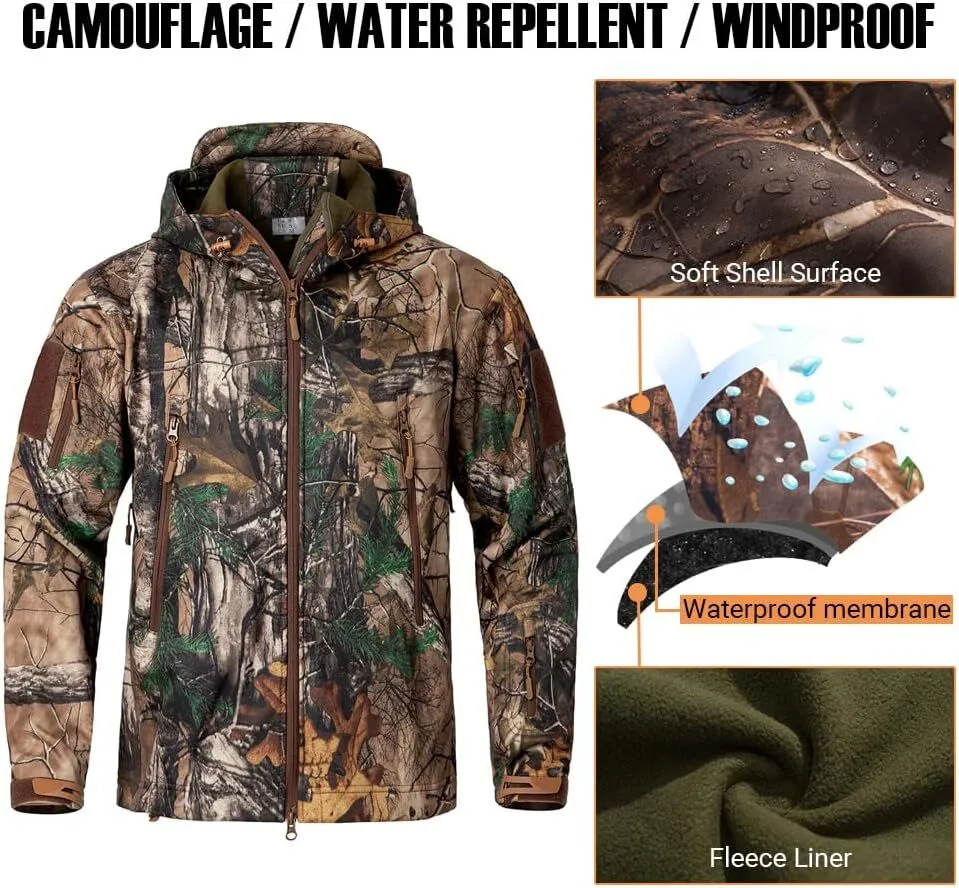 Men's Camo Quiet Hunting Jacket Waterproof Softshell Fleece Lined Camouflage Outdoor Hiking Fishing Coat