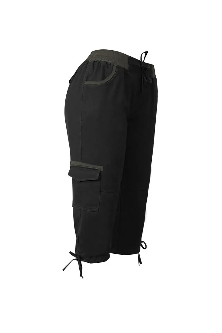Drawstring Waist Flap Pocket Design Capris Pants