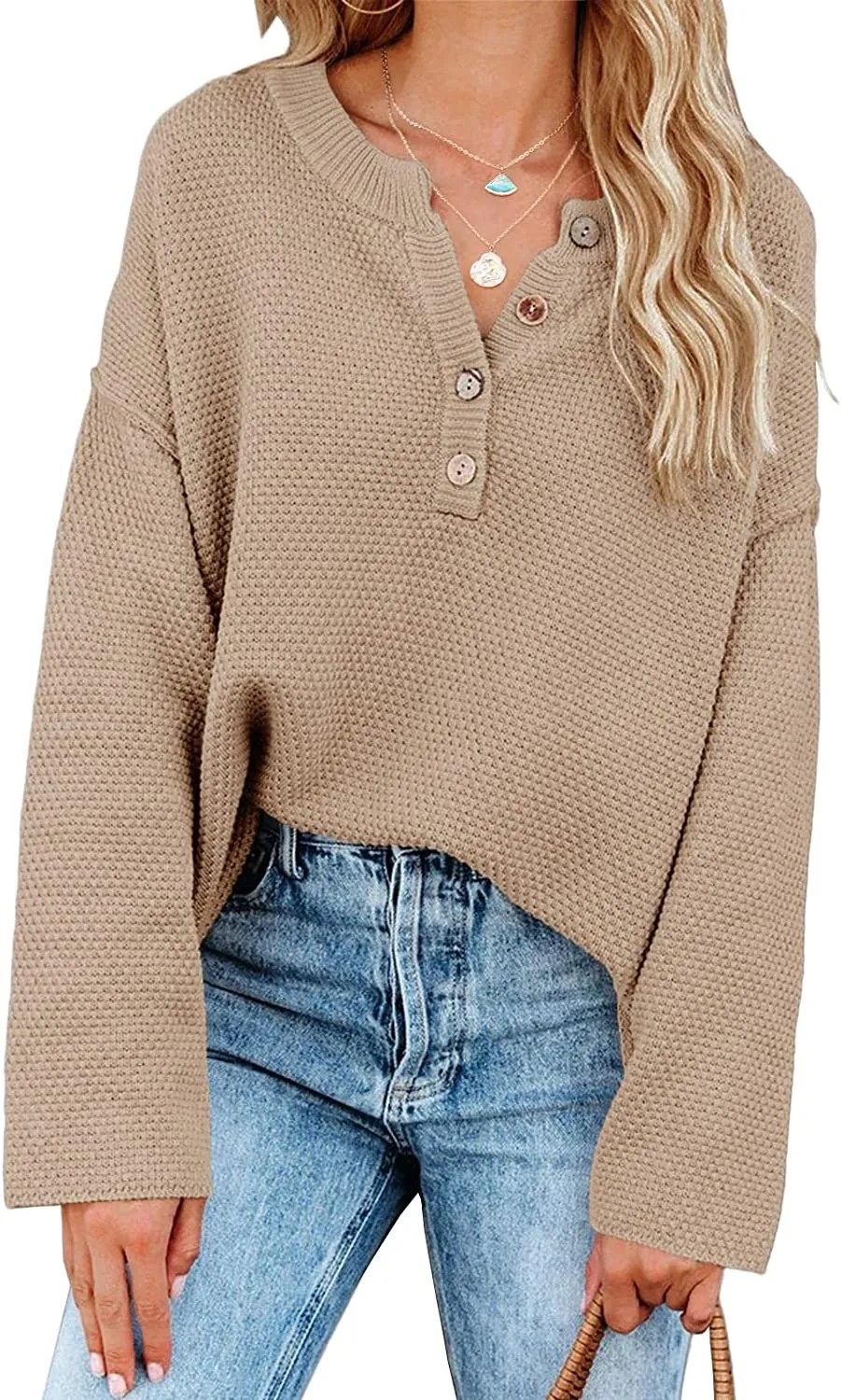 Women's Oversized Sweaters Batwing Long Sleeve Loose V Neck Button Henley Tops Pullover Knit Jumper