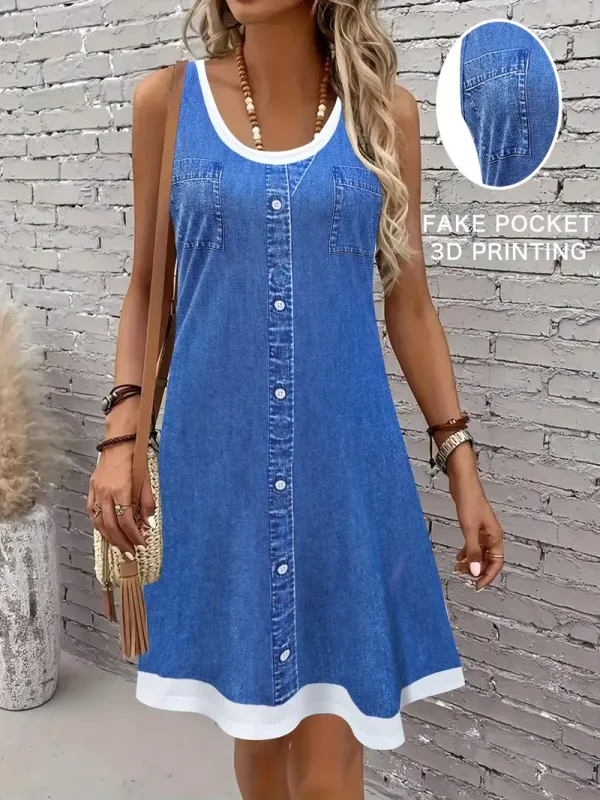 Women's Casual Denim Print Sleeveless Dress, Polyester & Spandex Blend, Crew Neck, Color Block Design, Knit Fabric, 180-1.0g/m², with Button Pockets for All-Season