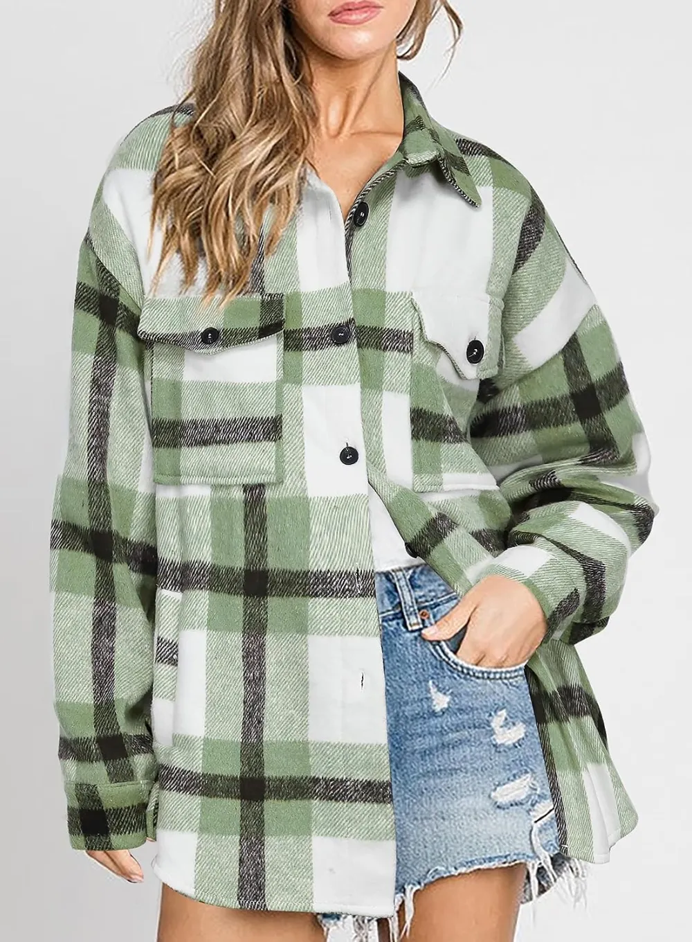 Women's Flannel Plaid Shacket Long Sleeve Button Down Chest Pocketed Shirts Jacket Coats