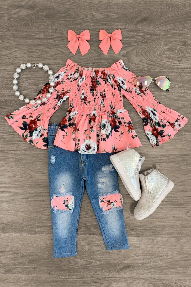 Pink Off Shoulder Floral Denim Pant Set