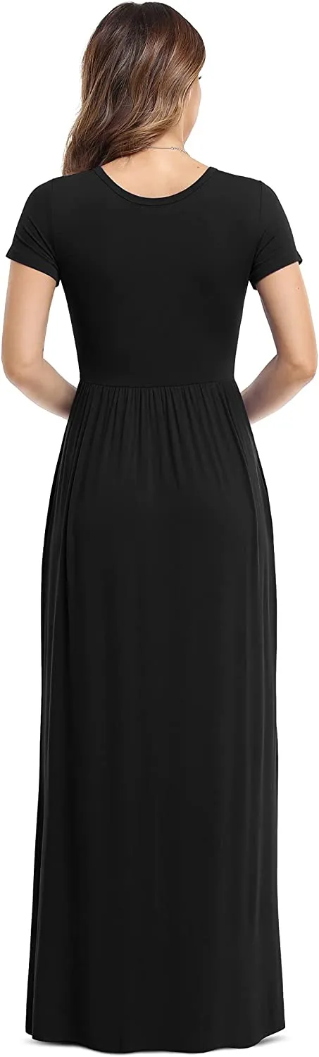 Women's Short Sleeve Loose Plain Maxi Dresses Casual Long Dresses with Pockets