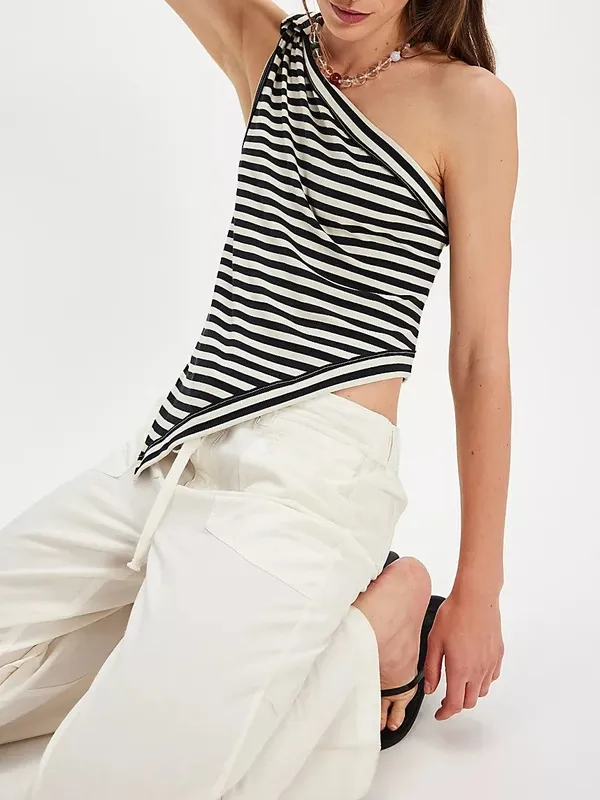 One Shoulder Knotted Stripe Top