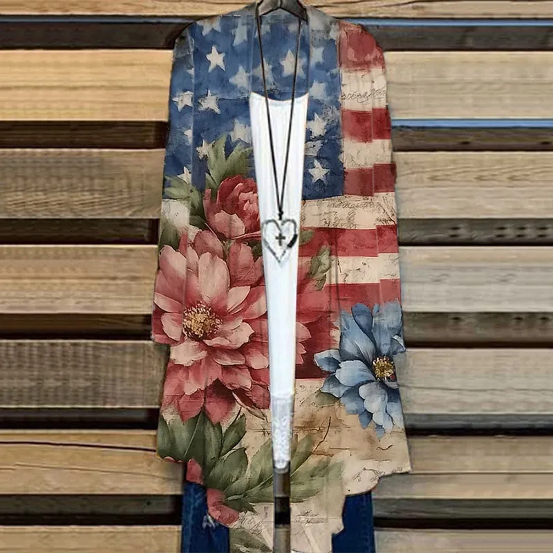 Women's Vintage Independence Day Floral Print Cardigan