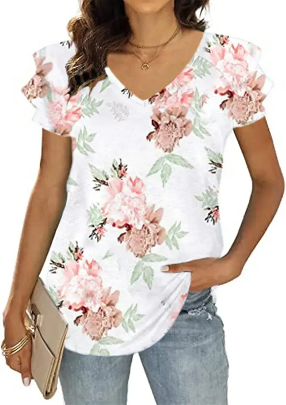 T&Twenties Womens Summer Tops Ruffle Short Sleeve Tunic Tops V Neck Loose Fit Flowy T-Shirts