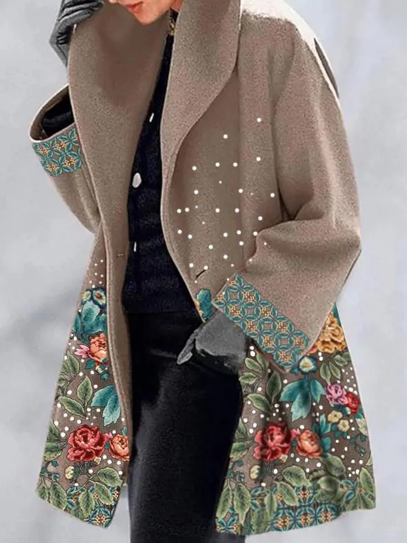 Round neck loose print hooded wool coat