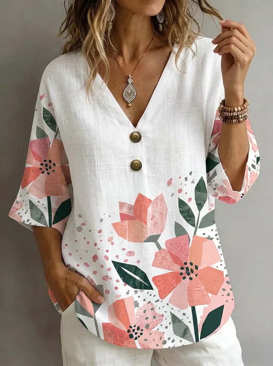Women's Nashville Floral Botanical Printed V-Neck Button Top