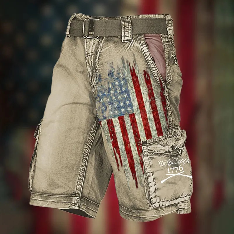 Men'S Vintage Flag Independence Day Multi-Pocket Print Cargo Shorts