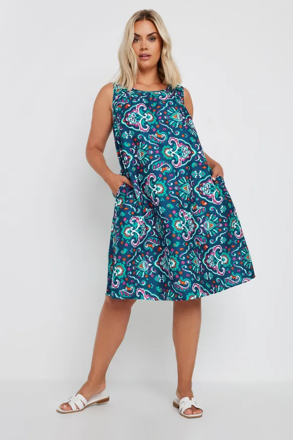 YOURS Curve Blue Paisley Print Pocket Swing Dress