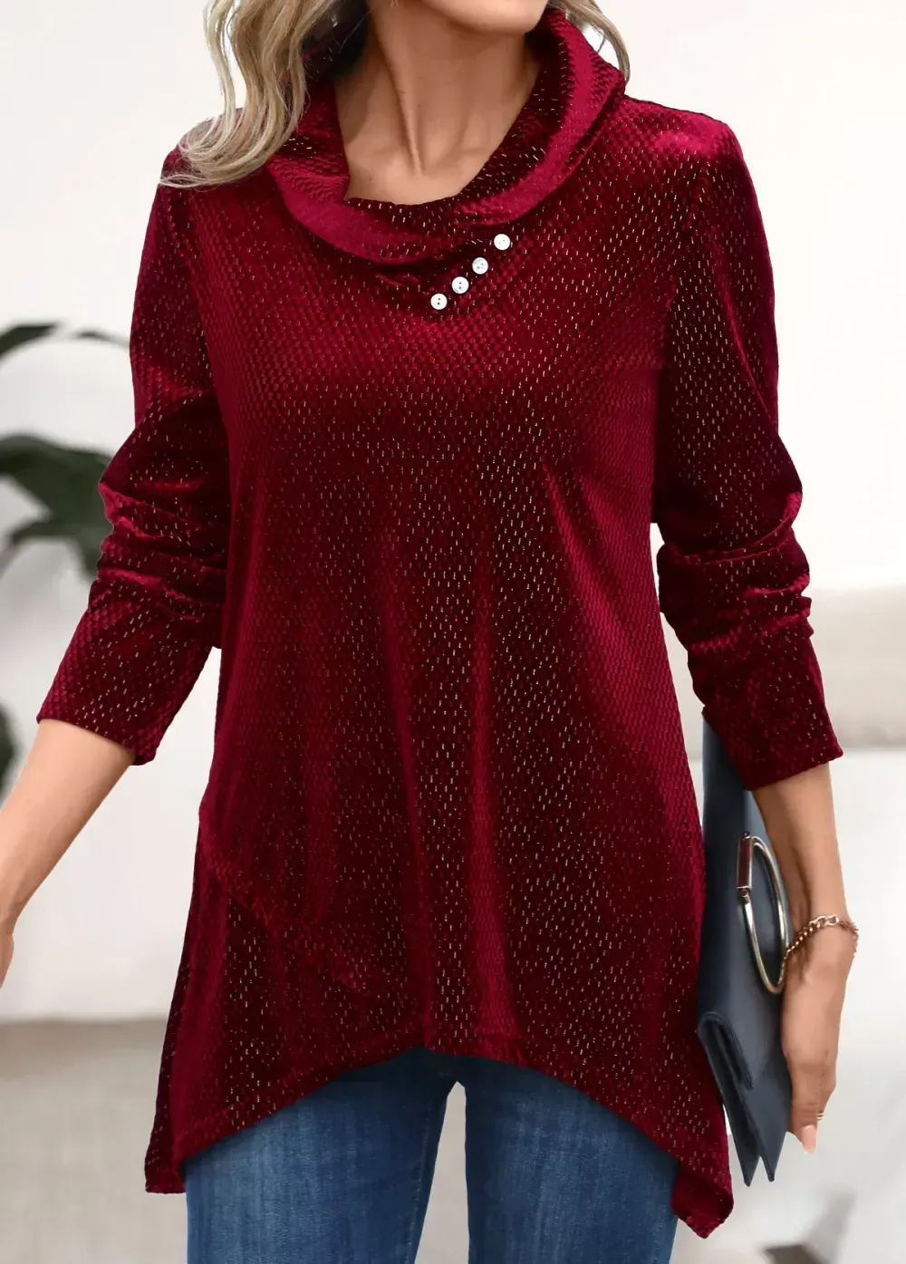 Wine Red Shinning Long Sleeve Asymmetrical Neck Sweatshirt