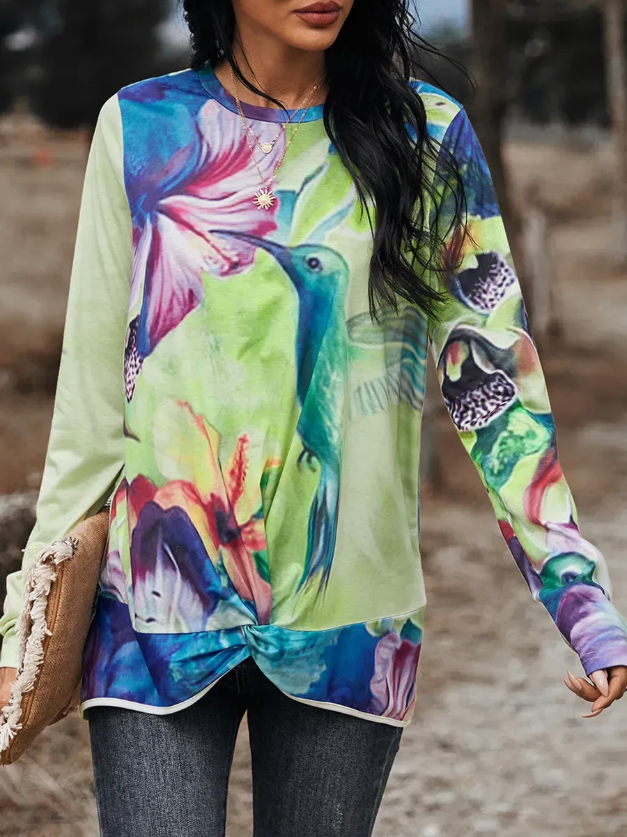 Women Casual Long Sleeves Printed Crew Neck T-shirts