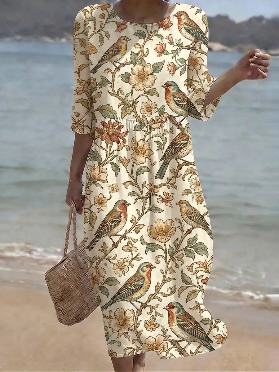 Women's Retro Casual Floral Bird Print Dress