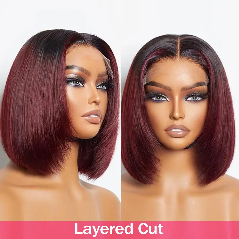 Sterly 1B/99J Burgundy Ombre 13x6 Lace Front Wig Straight Human Hair Bob Wigs for Black Women