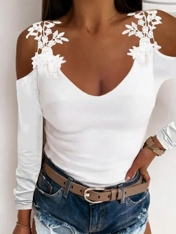 Casual Plain Cold Shoulder Long Sleeve T-shirt