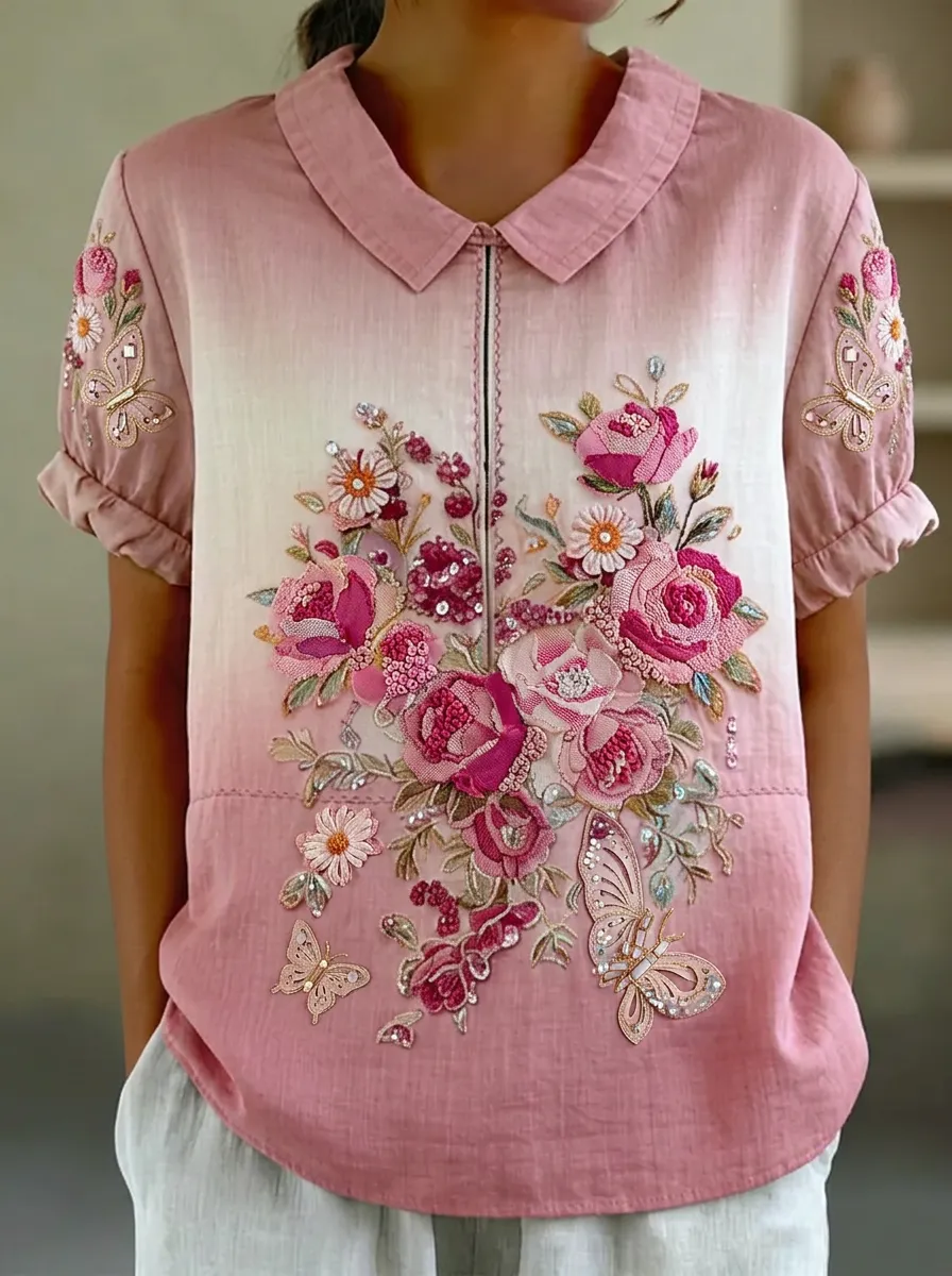Women's Nashville Floral Butterfly Embroidered Printed Top
