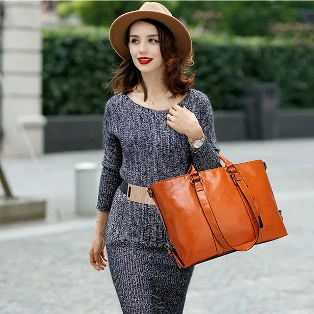 Women's Handbag Crossbody Bag Tote PU Leather Outdoor Office Shopping Zipper Large Capacity Solid Color Orange