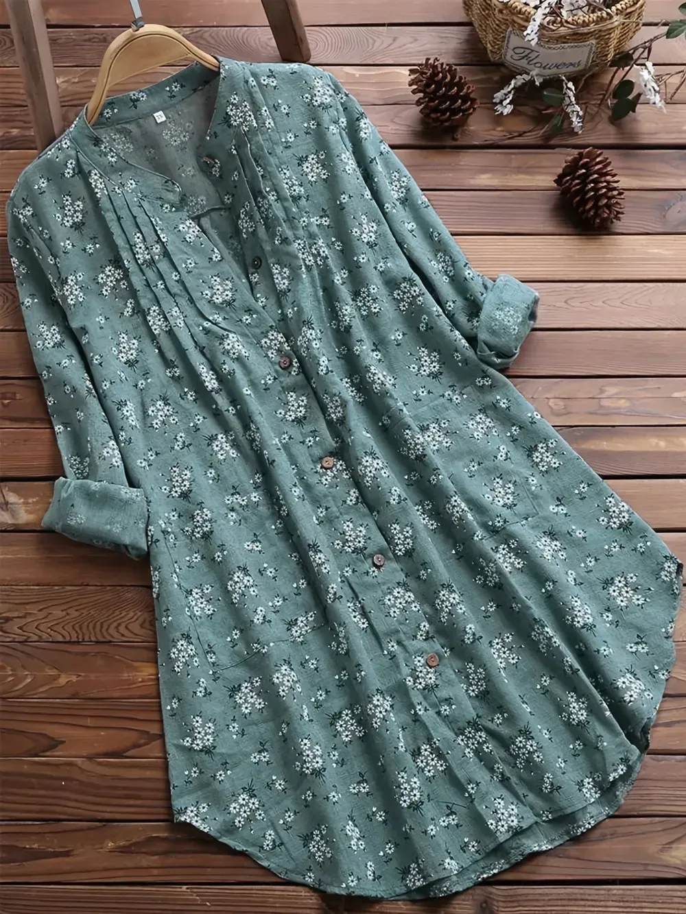 Plus Size Floral Print Long Sleeve Button Up Shirt, Women's Plus Turn Down Collar Casual Top