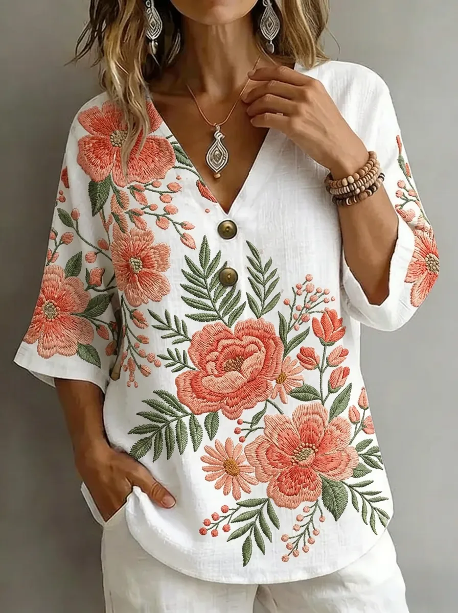 Women's Nashville Floral Embroidery Printed V-Neck Top