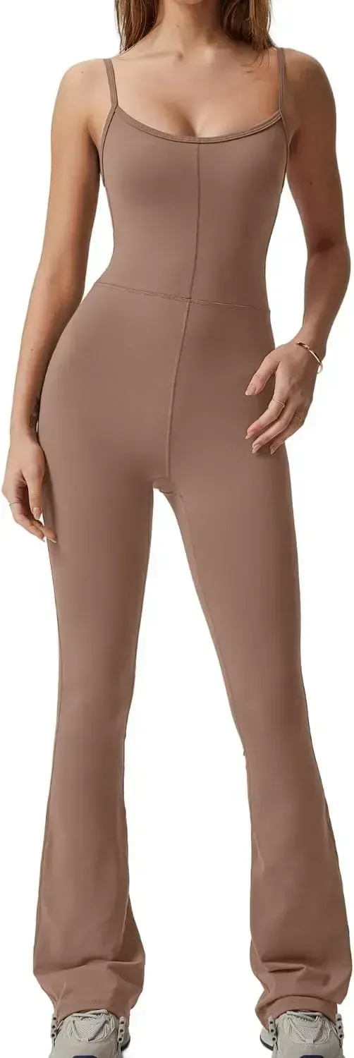 Flare Jumpsuits for Women Spaghetti Straps Scoop Neck Bodycon Full Length Casual Unitard Playsuit