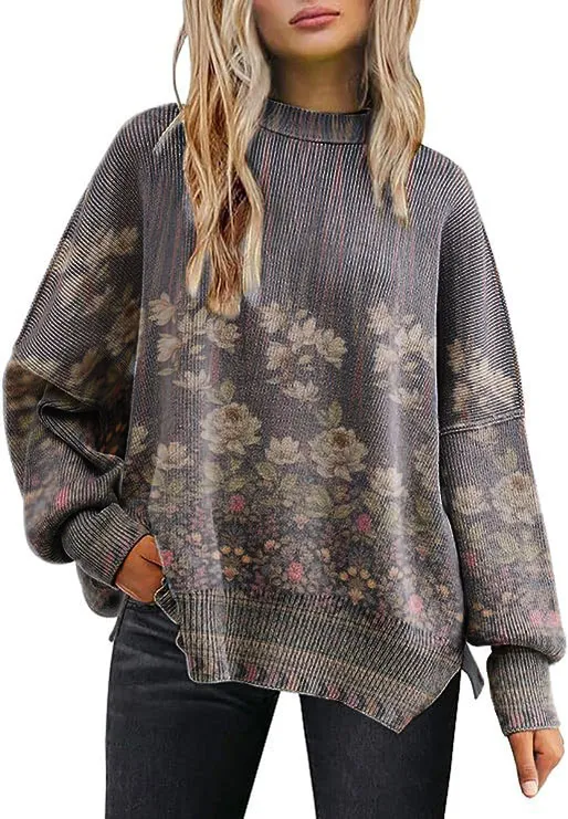 Women's Floral Print Crew Neck Sweater