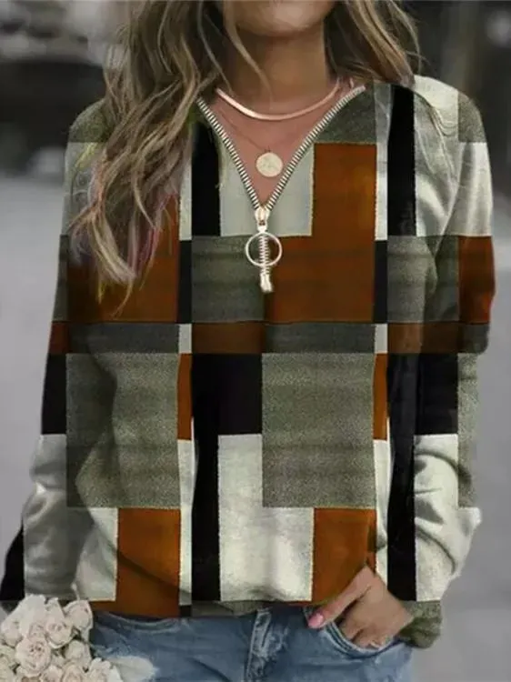 Women Long Sleeve V-neck Geometric Colorblock Top