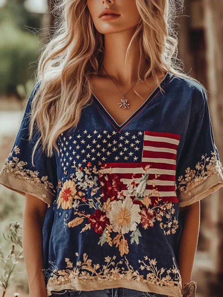 Women's Independence Day Flag Flower Embroidered V-neck Linen Blend T-shirt
