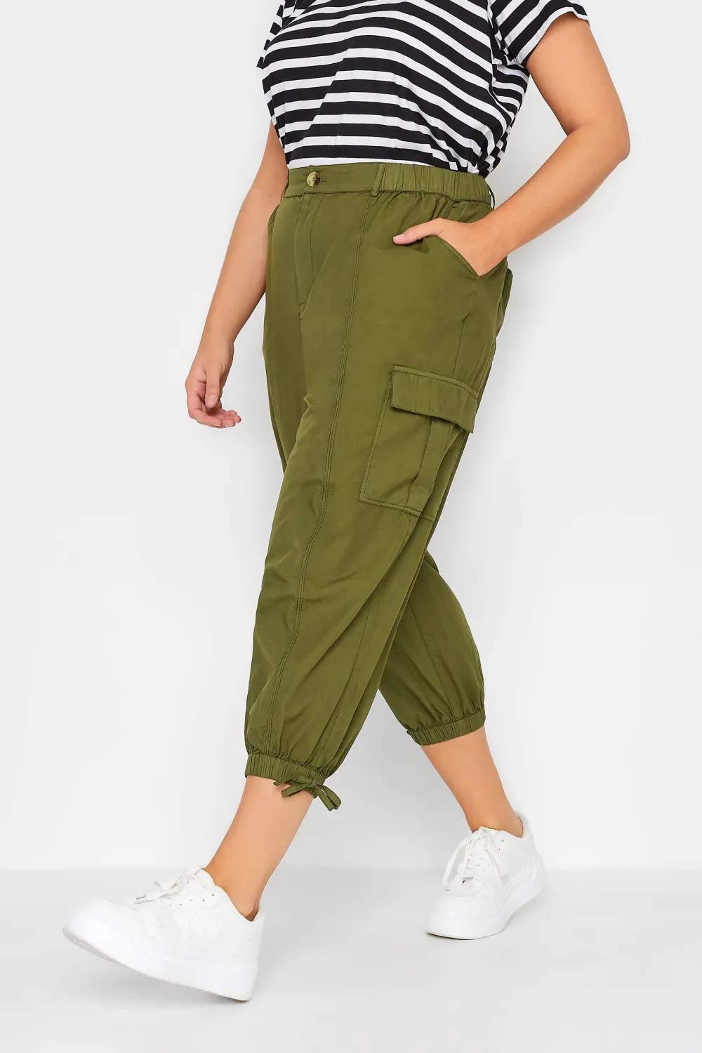 YOURS Curve Khaki Green Cropped Cargo Trousers