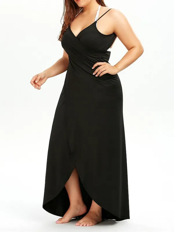 Women‘s Curve Swimwear Cover Up Beach Dress Plus Size Swimsuit Open Back for Big Busts Pure Color Black White Khaki Dark Gray Strap Bathing Suits Sexy Vacation Fashion