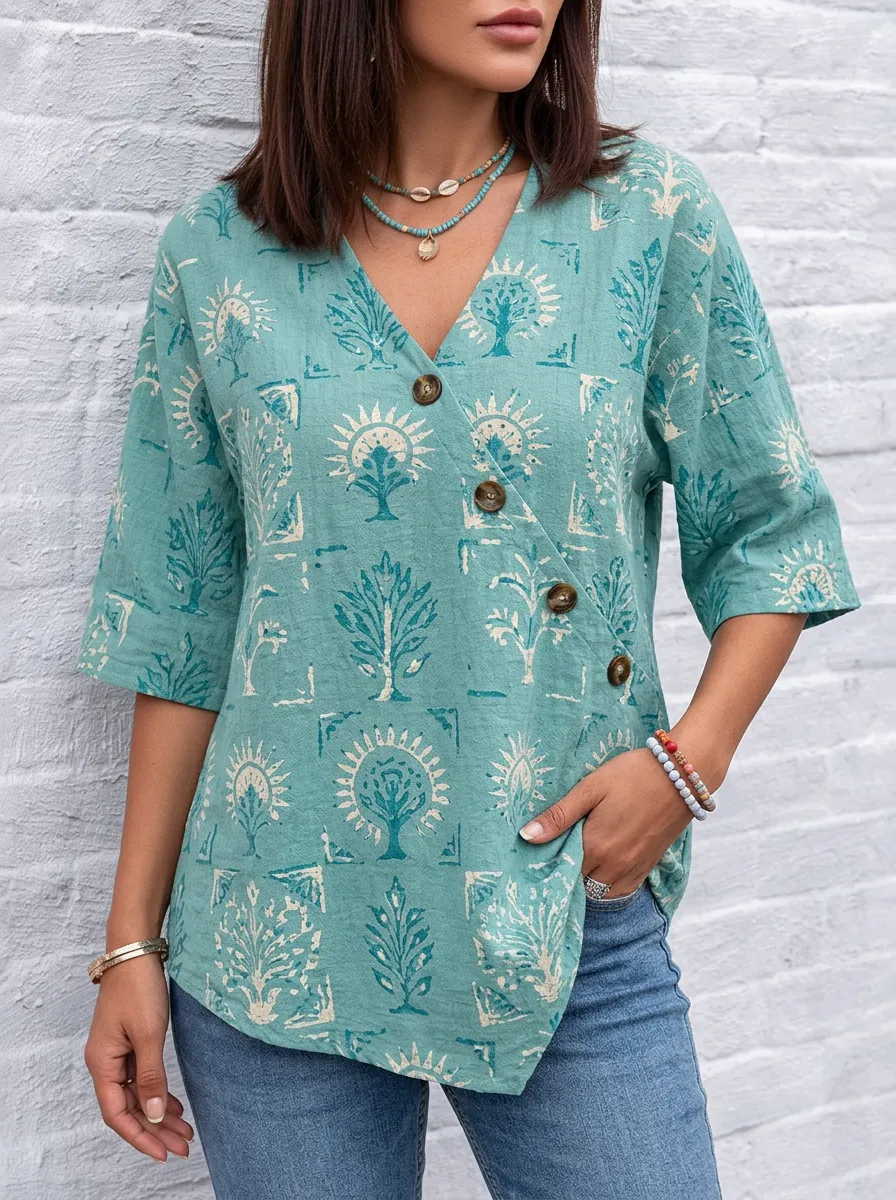 Women's Nashville Botanical Tree Printed V-Neck Button Top