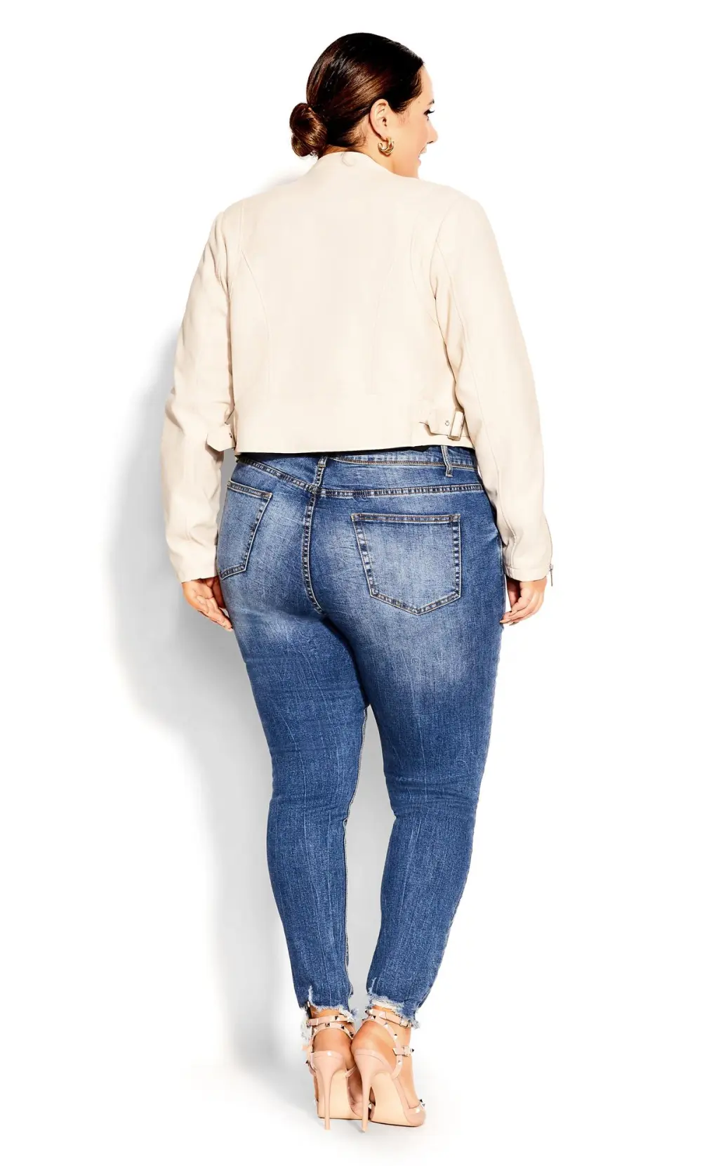 Evans Cream Cropped Biker Jacket