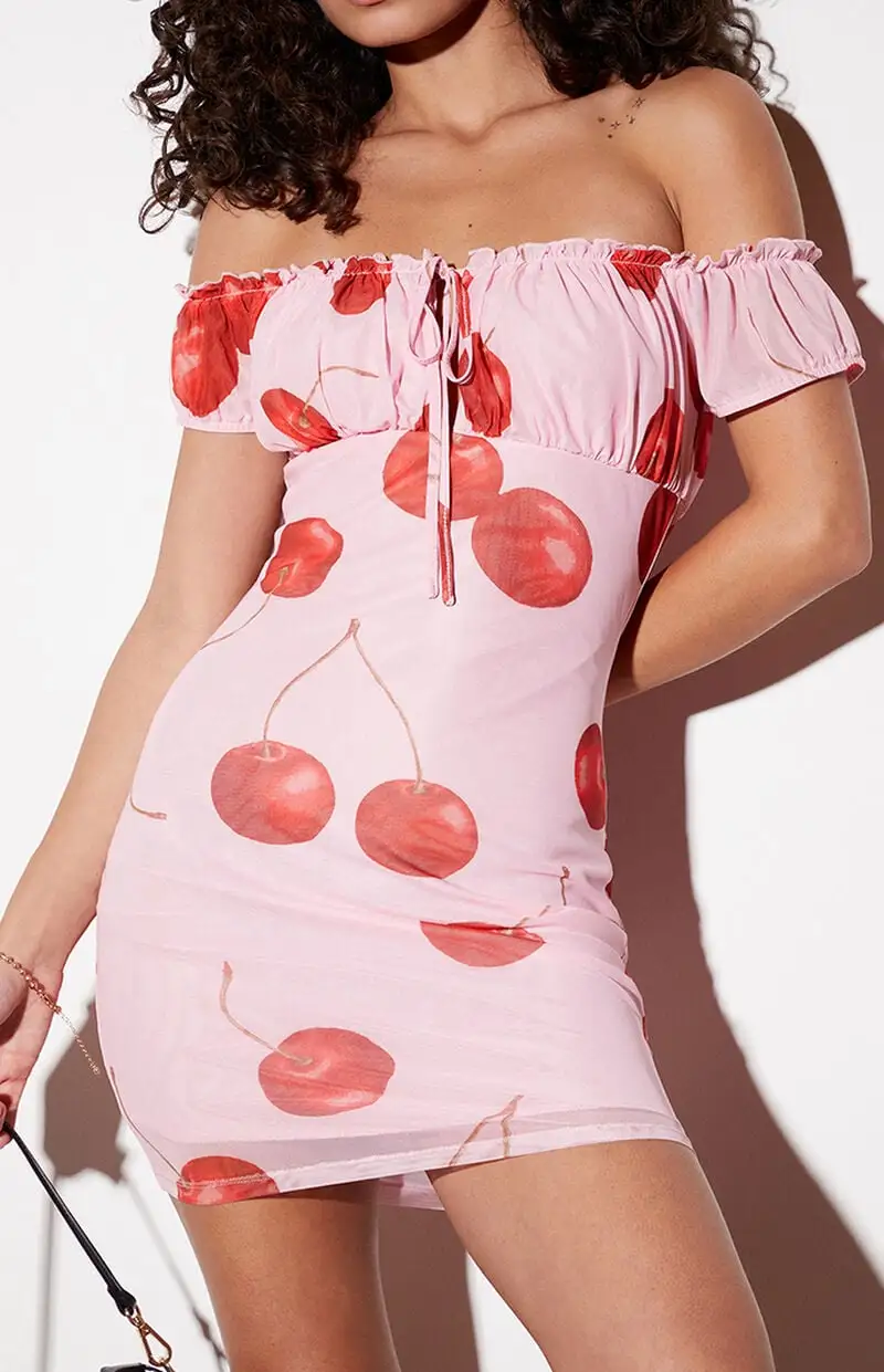 LA Hearts Cherry Mesh Off-The-Shoulder Mini Dress