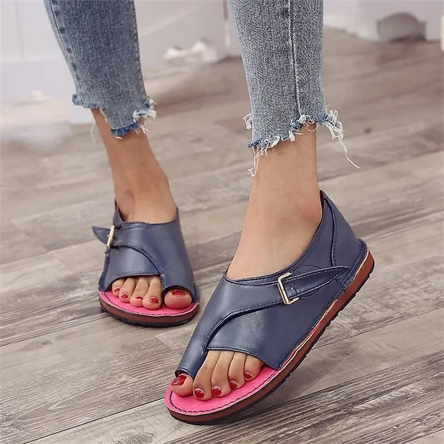 Women's Sandals Flat Sandals Orthopedic Sandals Bunion Sandals Plus Size Outdoor Daily Beach Summer Flat Heel Open Toe Casual Classic Minimalism Faux Leather Buckle Color Block Black&Gray red&green