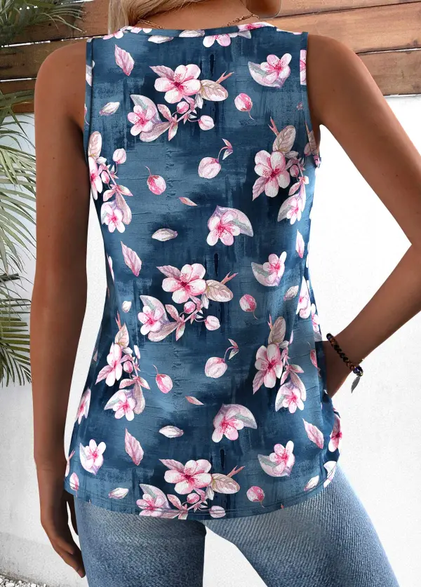 Denim Blue Random Floral Print Sleeveless Tank Top