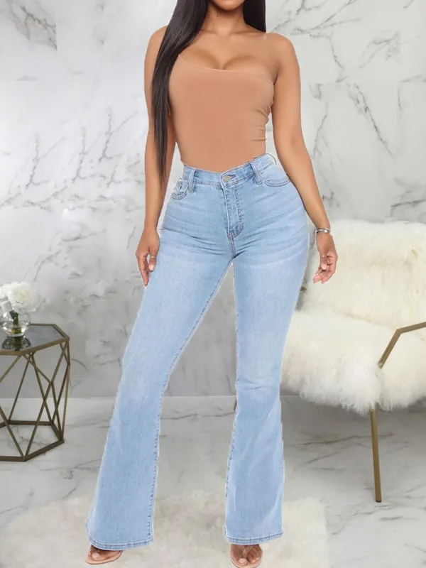 Solid Washed Denim Stretch Slim Flared Pants