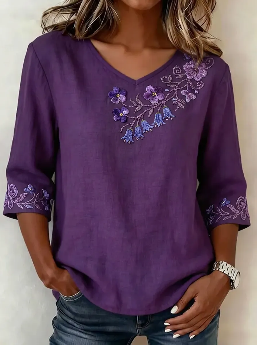 Women's Nashville Floral Embroidery V-Neck Printed Top
