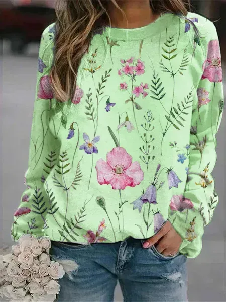 Floral Crew Neck Long Sleeves Sweatshirts
