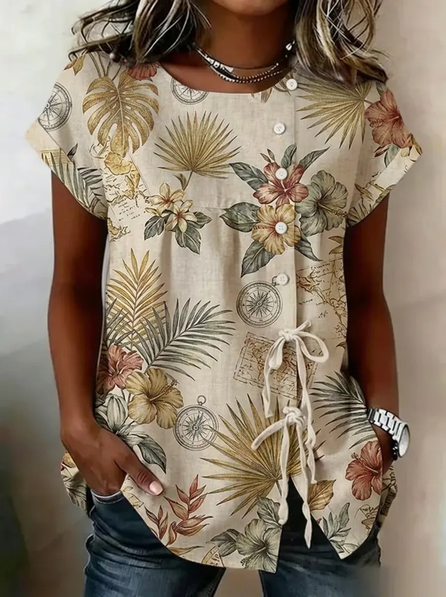 Women's Nashville Travel Tropical Floral Compass Printed Button-up Top