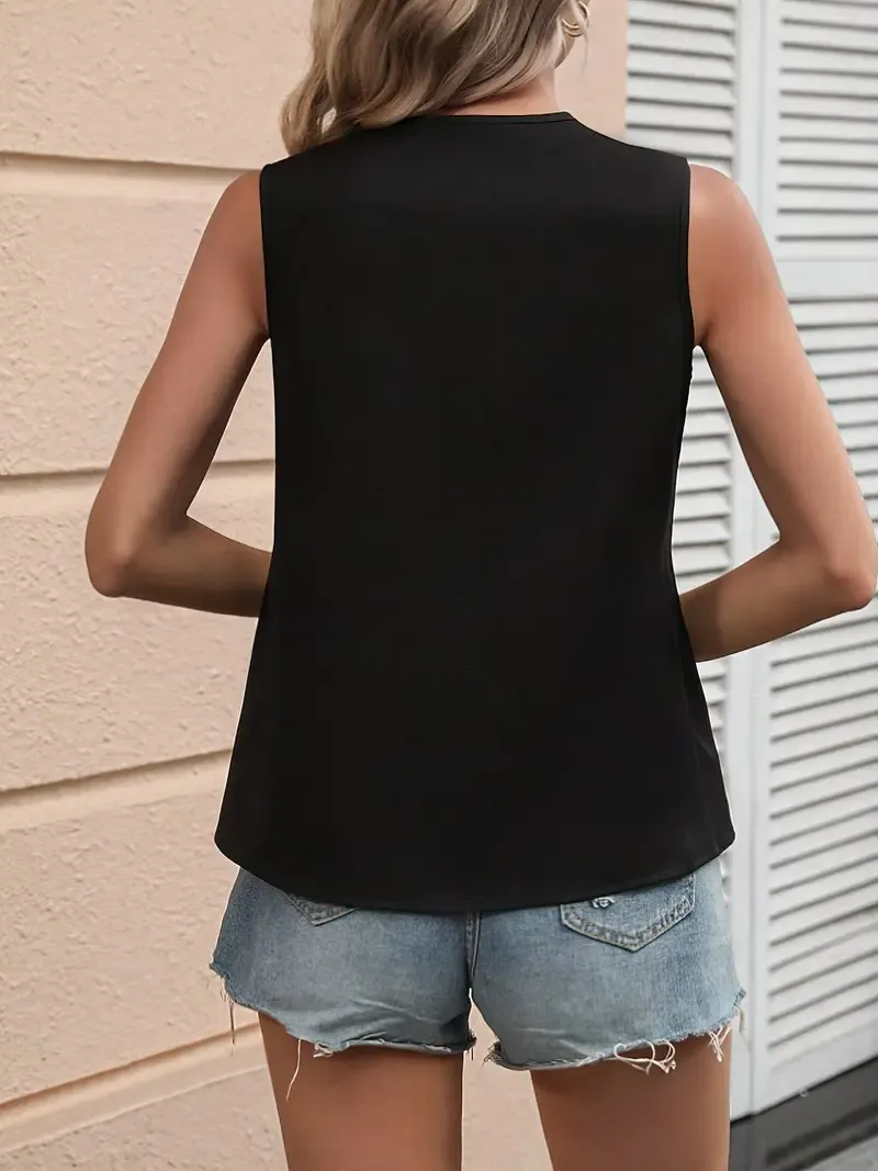 Asymmetrical Color Block Sleeveless Blouse for Women, Spring/Summer, Notch Neck, Elegant Top