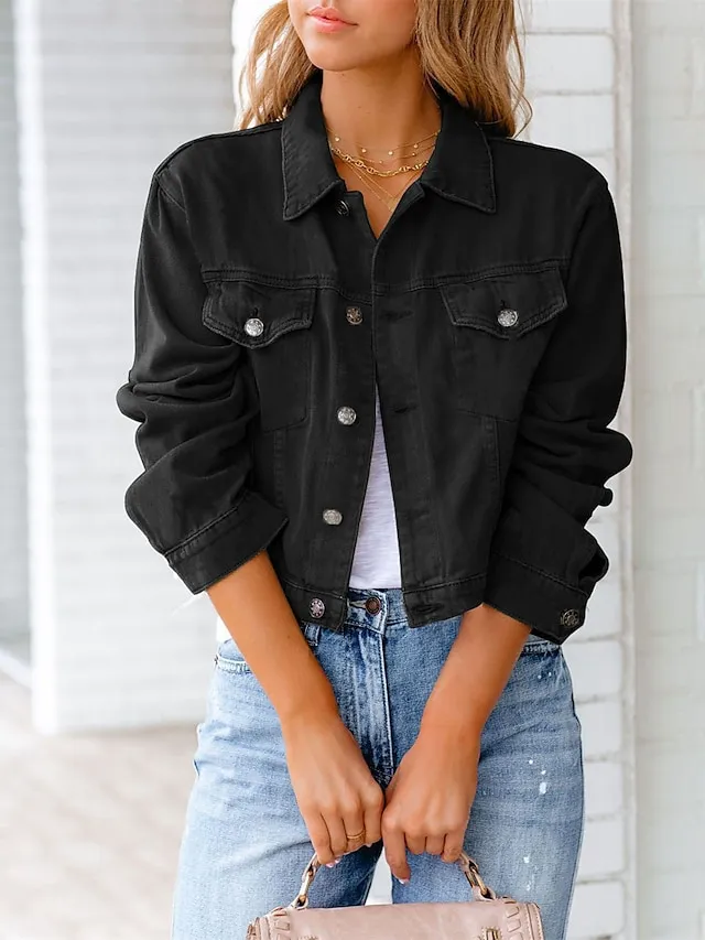 Women's Denim Jacket Outdoor Button Plain Breathable Fashion Regular Fit Outerwear Long Sleeve Fall Light Blue S