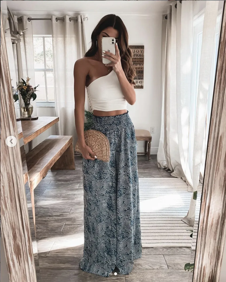 Blue Floral Loose Drape Straight Leg Pants
