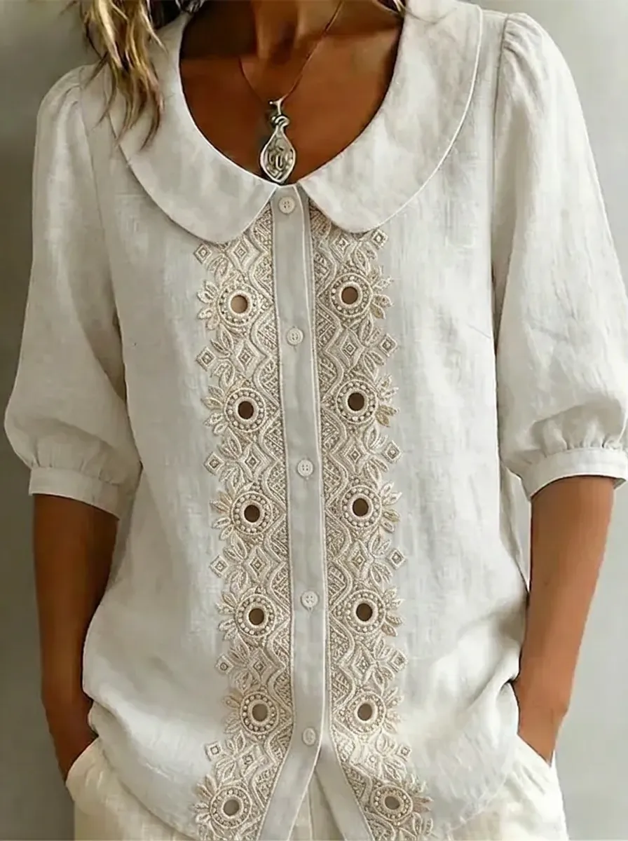 Women's Nashville Floral Embroidery Peter Pan Collar Printed Top