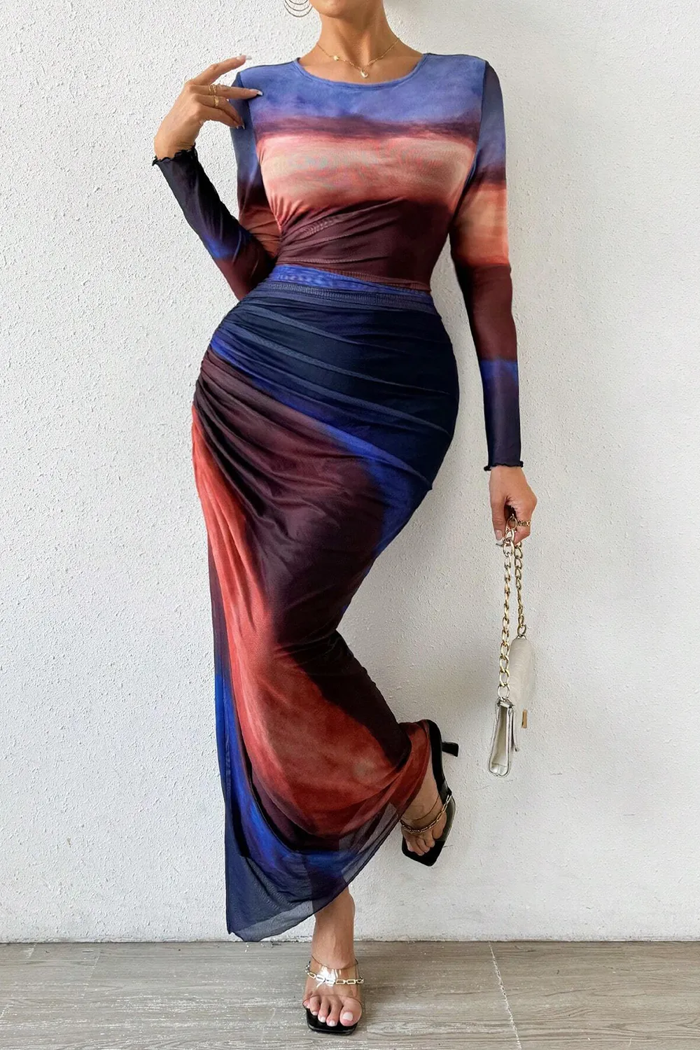 Women's Tie Dye Long Sleeve Pleated Dress